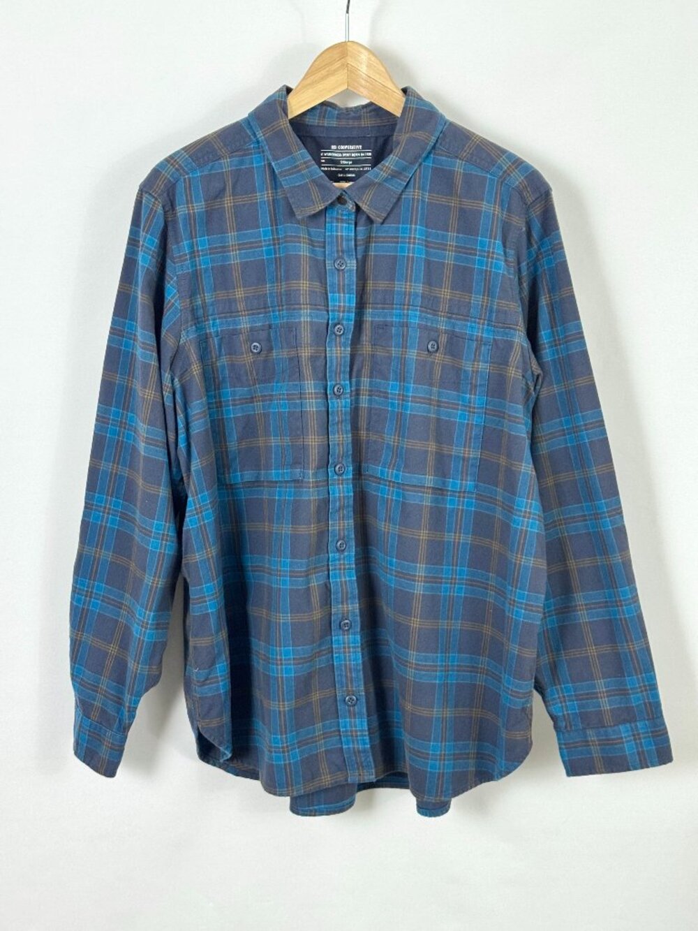 REI Co-op Blue Plaid Flannel Button Down Shirt Gorpcore Granola Utility Outdoor